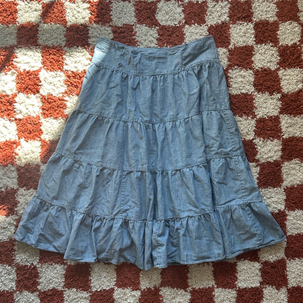 ruffle hem denim midi skirt
